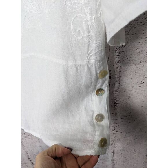 Lungo L'Arno Italy Size M Cool White Pure Linen Embroidered Top Blouse 3/4 Sleev - Picture 2 of 9